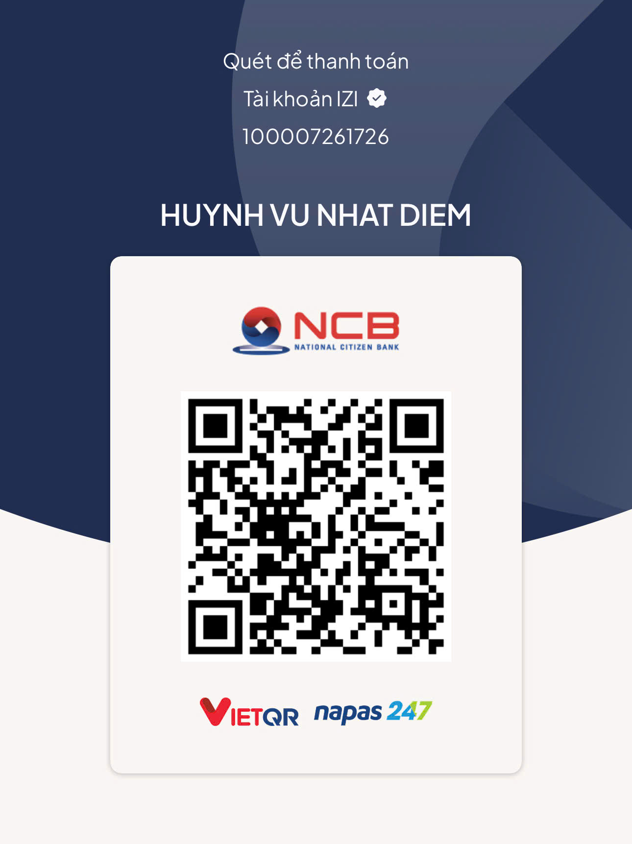 QR chuyển khoản - NCB HUYNH VU NHAT DIEM